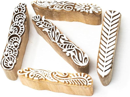 Hashcart Wooden Stamp Block, Printing Stamp Design Set | Block for Printing Saree Border | Dresses, Craft Card Making, Scrapbook, Clay Pottery | Set of 5