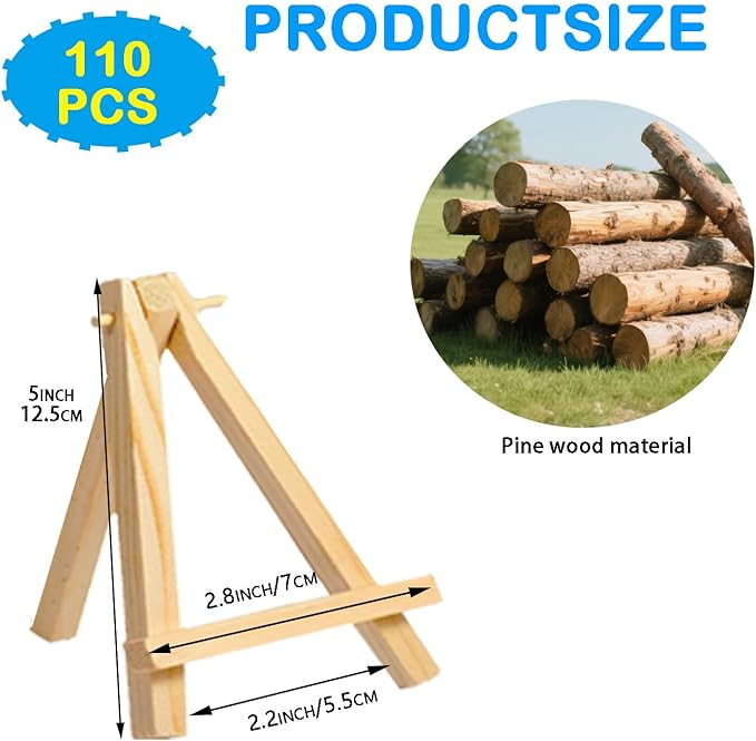 110Pcs Mini Wood Easel Stands - 5 Inch Small Wooden Display Easels for Artist Crafts, Business Cards, Photos, Paintings & Gifts (Tabletop Tripod Holder)