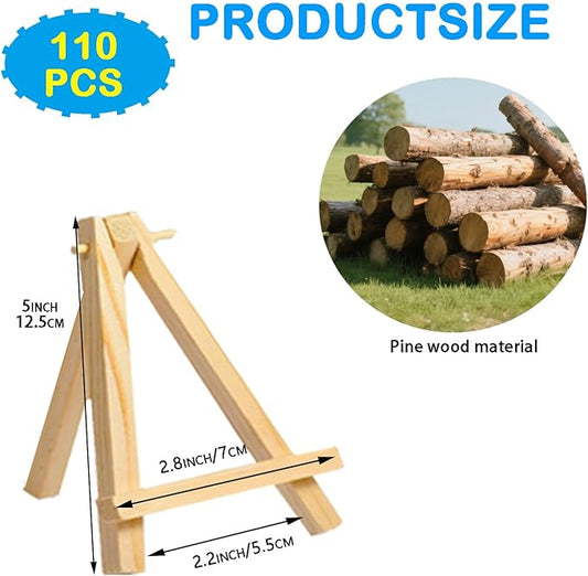 110Pcs Mini Wood Easel Stands - 5 Inch Small Wooden Display Easels for Artist Crafts, Business Cards, Photos, Paintings & Gifts (Tabletop Tripod Holder)