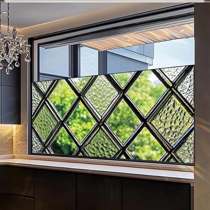 Diamond Grid Privacy Window Film 17.71x39.97 Inch Textured Green Glass Look - Image 5