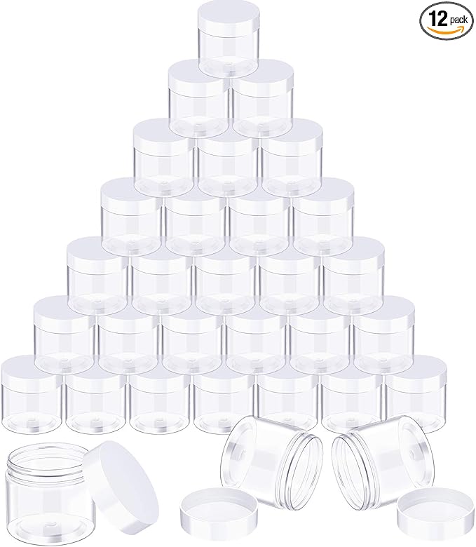 12 Pack 5 oz Plastic Container Jars with Lids Round Clear Travel Cosmetic Container Jars for Toiletries, Lotion, Cream, Ointments, Makeup, Rhinestone, Samples, Kitchen Storage (White)