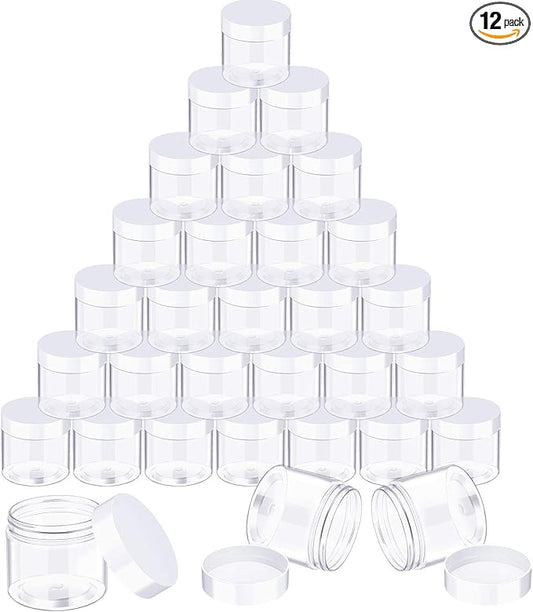 12 Pack 5 oz Plastic Container Jars with Lids Round Clear Travel Cosmetic Container Jars for Toiletries, Lotion, Cream, Ointments, Makeup, Rhinestone, Samples, Kitchen Storage (White)