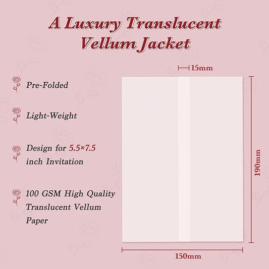 120 Pack Pre-Folded Vellum Jackets for 5.5x7.5 Invitations, Translucent Vellum Paper 5.5x7.5 Jackets, 100GSM Wedding Invitations Wraps, Envelope Liners for Birthdays, Baby Showers