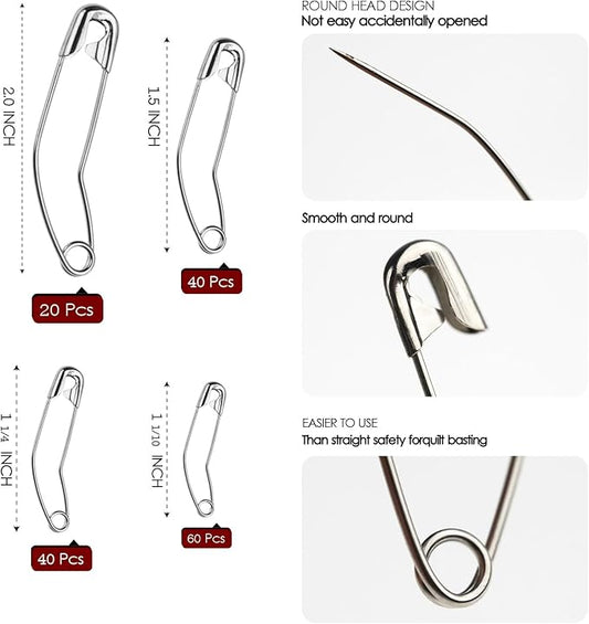 160 Pack Curved Safety Pins for Quilting Basting Pins 28mm 32mm 38mm 54mm Assorted Sizes Quilting Safety Pins Stainless Steel Quilting Pins