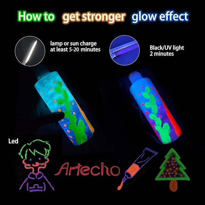 Artecho Glow in the Dark Acrylic Paint Set – 6 Colors x 60ml, Non-Toxic - Image 6