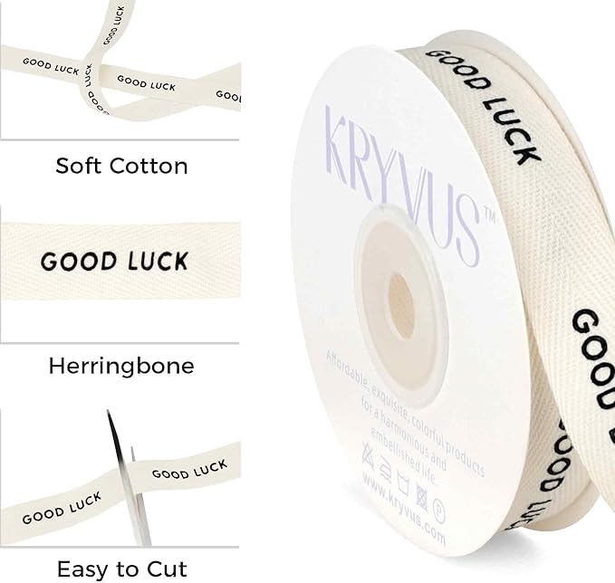 Good Luck Ribbon - 5/8 Inch x 12 Yards Natural Twill Tape Ribbon, Cotton Herringbone Ribbons for Gift Wrapping, Birthdays, Weddings, Christmas, Anniversaries, Valentine's Day, Mother's Day