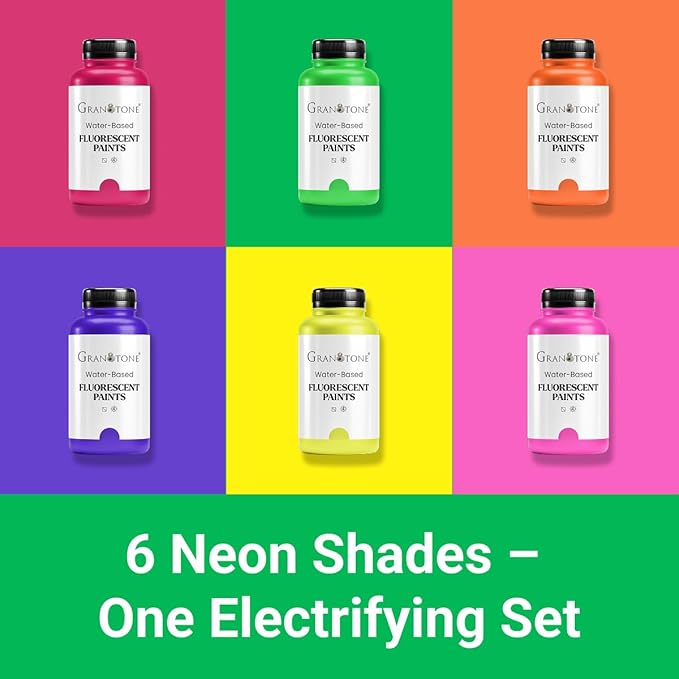 GRANOTONE Neon Fluorescent Acrylic Paint Set - 6 Colors, 8 oz Each | Glows in Black Light | Non-Toxic & Vibrant Paint | Ideal for Art, Crafts, Kids, & Hobbyists | Made in India