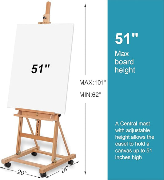 H-Frame Studio Easel, Beechwood Artist Easel with Wheels and Storage Tray, Adjustable Floor Easel Stand Holding Canvas up to 51Inches for Painting, Natural
