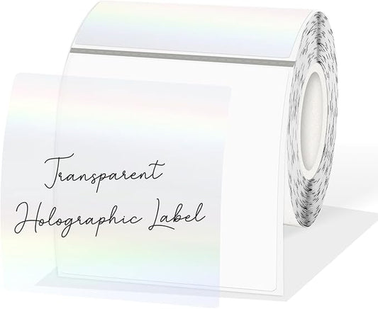 3 Inch Square Transparent Thermal Label Stickers, Holographic Clear Self-Adhesive Direct Thermal Labels, Perforation Line Design& Waterproof- 200 Sheets