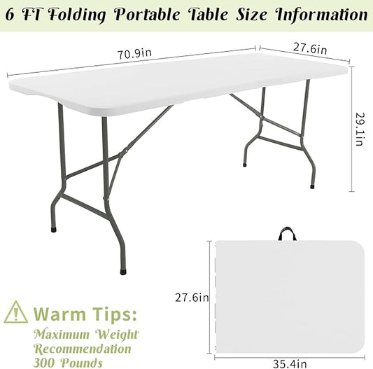 2 Pack 6 FT Folding Tables White Foldable Table, Fold-in-Half with Carrying Handle Portable Plastic Rectangular Table for Party, Dining, Wedding, Camping, Picnic, Indoor Outdoor Events
