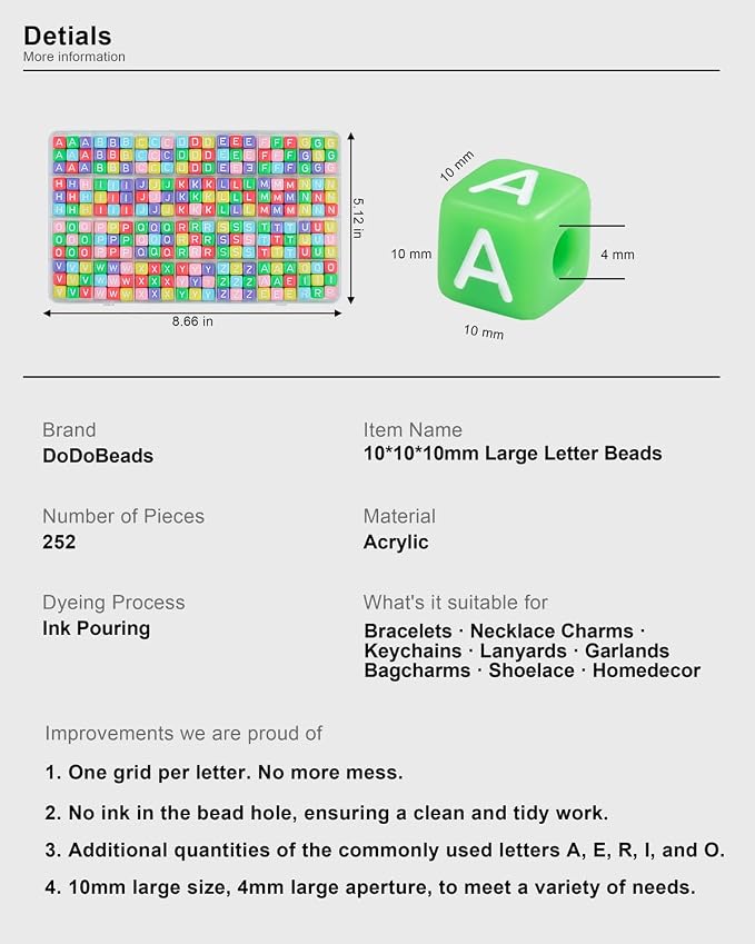 DoDoBeads 252 Pcs 10mm Chunky Square Colorful Letter Beads, Big Alphabet Beads - Image 3