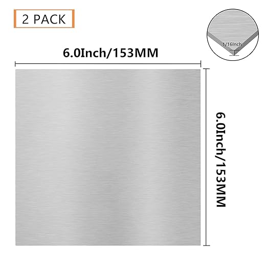 2Pack 6061 T651 Aluminum Sheet Metal 6 x 6 x 1/16 (0.06”) Inch Flat Plain Aluminum Plate Covered with Protective Film, Heat Treatable Rectangle Aluminum Metal Plate for Crafting, DIY, 1.5mm Thick