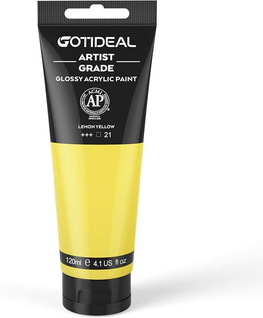 GOTIDEAL Acrylic Paint Lemon Yellow Tubes(120ml, 4.1 oz) Non Toxic Non Fading,Rich Pigments for Painters, Adults & Kids, Ideal for Canvas Wood Clay Fabric Ceramic Craft Supplies (Lemon Yellow)