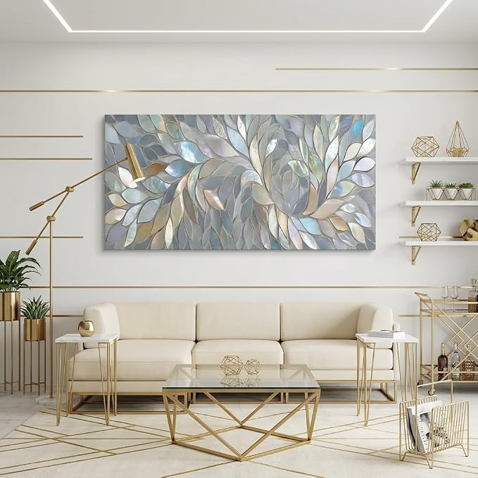 ZESTRILIA Iridescent Mosaic Leaf Canvas Wall Art, Abstract Mother of Pearl Print - Image 3