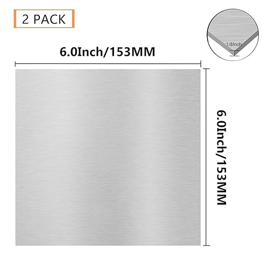 2Pack 6061 T651 Aluminum Sheet Metal 6 x 6 x 1/8 (0.125”) Inch Flat Plain Aluminum Plate Covered with Protective Film, Heat Treatable Rectangle Aluminum Metal Plate for Crafting, DIY, 3mm Thick