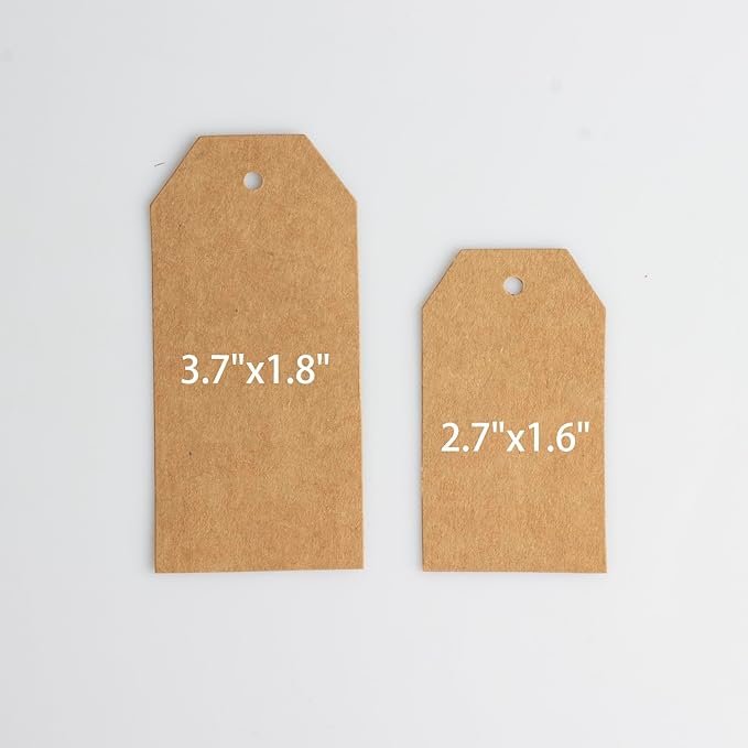 200PCS Kraft Paper Gift Tags with Natural Jute Twine,Blank Hang Tags for DIY Arts and Crafts Wedding Holiday Present, 3.7"x1.8", Brown