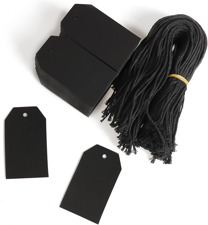 200PCS Paper Gift Tags with Free 200PCS Black Cotton Strings,Blank hangtags for DIY Wedding Holiday Present(Black)