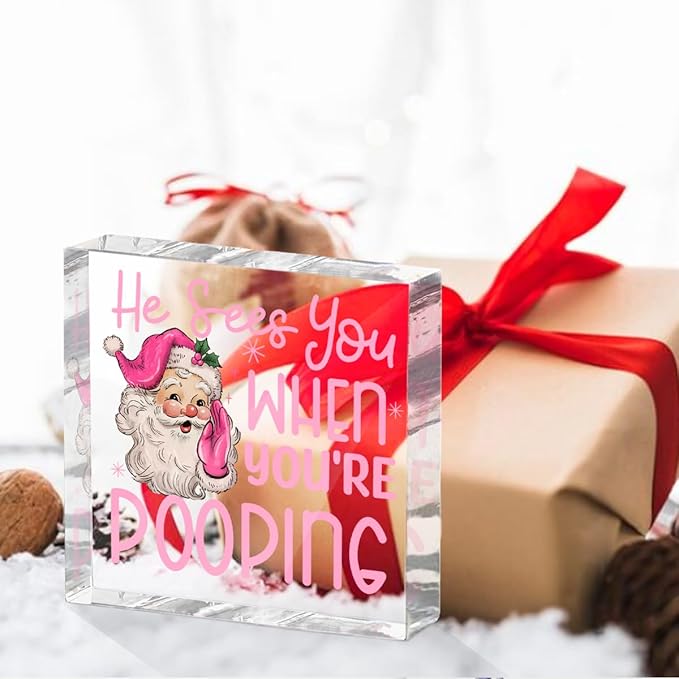 Funny Santa Desk Decor Acrylic Sign 4X4 Inch, Humorous Christmas Decorations Desk Signs for Toilet Cubicle Room Bathroom, Gag Gifts for Women Men Friends
