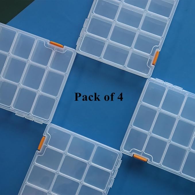 BangQiao 4 Pack 18 Grids Clear Plastic Storage Box with Dividers, Transparent Organizer Container Case for Small Parts, Bead, Button, Jewelry, Diamond, Craft Supplies,Sewing Kit, DIY Accessories