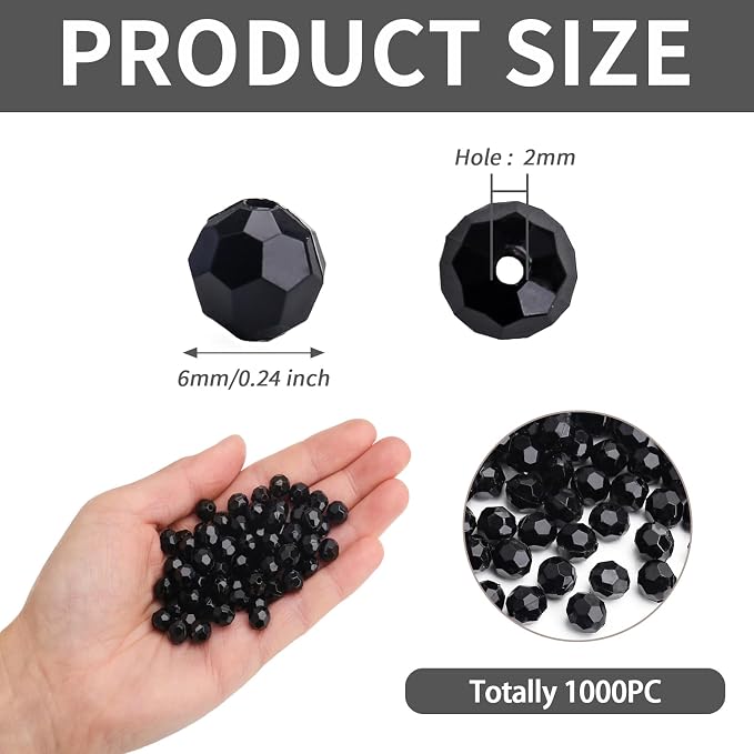 BONNY BOXX 1000pcs 6mm Acrylic Faceted Round Crystal Beads Solid Black Loose - Image 3