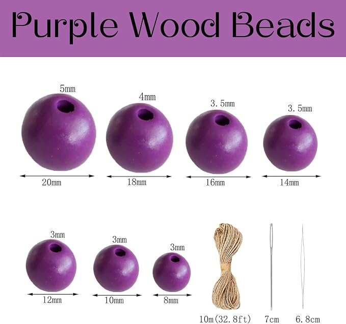 300Pcs Purple Wooden Beads for Garlands, Round Wood Loose Beads - 14mm - Image 2