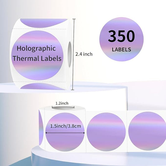 1.5" Holographic Direct Thermal Label Stickers, Round Printable Rainbow Glitter Thermal Printer Sticker Labels for Gift Wrapping, Self-Adhesive DIY Custom Logo Design- Purple
