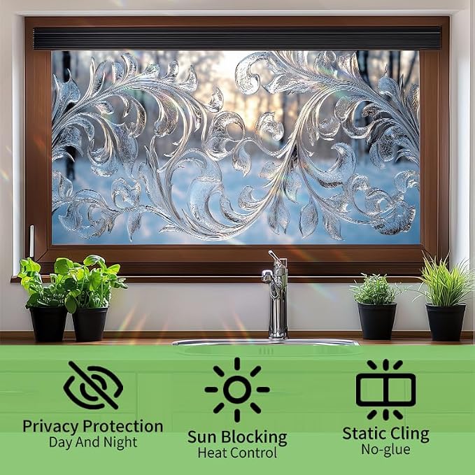 Frosted Floral Window Film 17.7 x 39.3 Inch Snowflake Ice Pattern Static Cling - Image 2