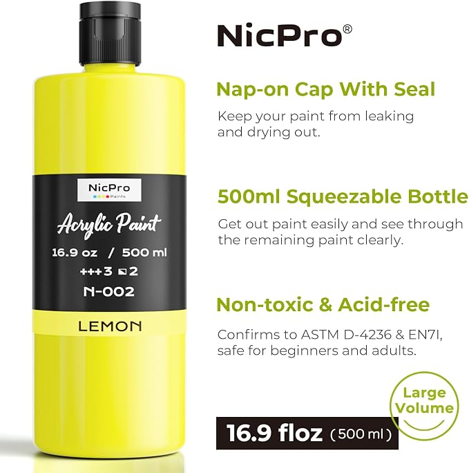 Nicpro Lemon Yellow Large Acrylic Paint, Rich Pigments, Non Toxic Craft Paint - Image 2