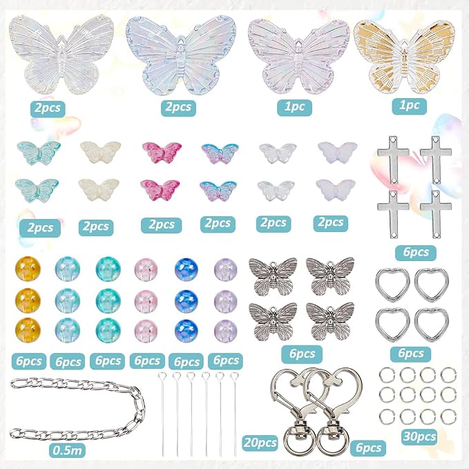 SUNNYCLUE 128Pcs Butterfly Keychain Making Kit Butterflies Beads Colorful - Image 2