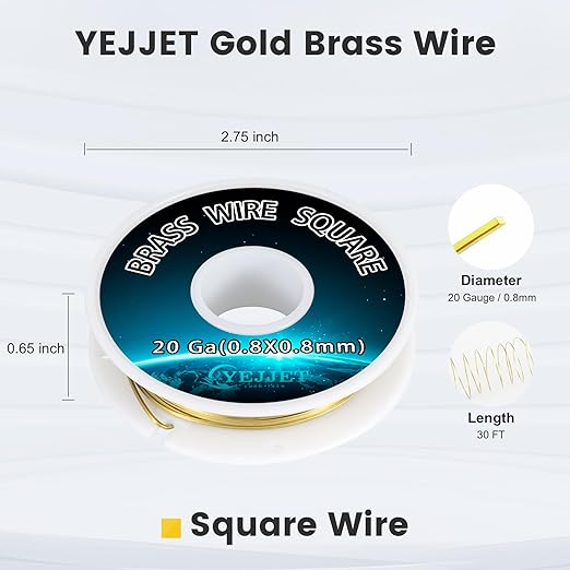 20 Gauge Square Brass Wire 0.8x0.8mm (30FT) - Uncoated Metal Craft Wire for Beading, Model Making, Artisan Projects