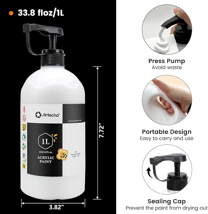 Artecho Titanium White Acrylic Paint 1000ml / 33.8 fl oz Pump Dispenser | Large - Image 3