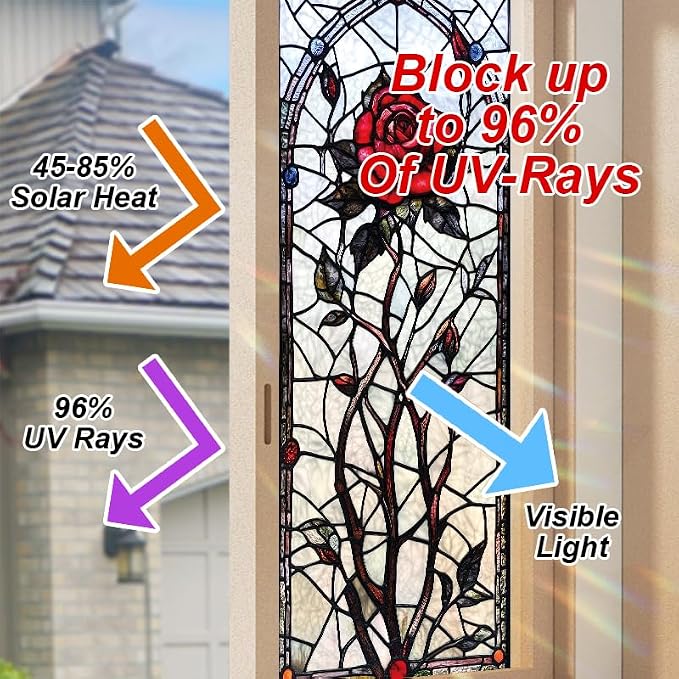 Gothic Rose Stained Glass Window Film 17.71x39.97 Inch Red Flower Static Cling - Image 4