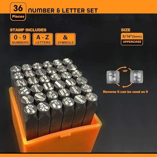 OWDEN Professional 36Pcs. Steel Metal Stamps Set,(3/16”) 5mm,Steel Number and Letter Punch Set,Alloy Steel Made HRC 58-62 for Jewelry Craft Stamping.