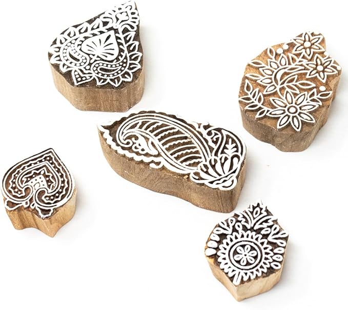 Hashcart Wooden Indian Traditional Design Printing Stamps/Blocks for Printing Saree Border/Dresses/Craft Card Making/Scrapbook/Clay Pottery (Set of 5)
