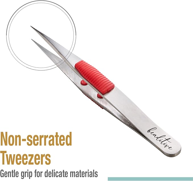 Beaditive High Precision Heavy-Duty Tweezers With Cushion - 4.7" Craft Tweezers for Sewing, Beading & DIY Crafts - Non-Serrated, Fine Point Tips - Stainless Steel Needle Nose Hobby Tweezers (Fuchsia)