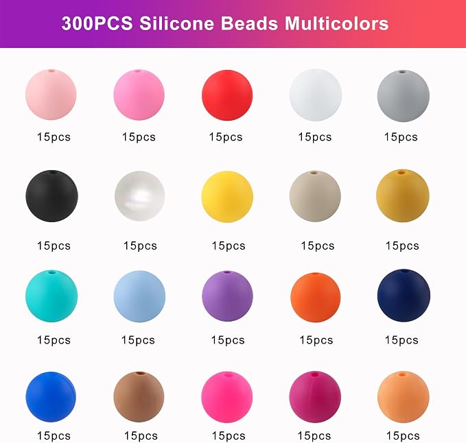 300Pcs 9mm Silicone Beads for Keychain Making and Bracelet Making, 20 Colors - Image 2