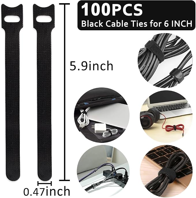 100pcs Cable Ties Reusable All-Black Wire Ties Cable Management Cord Ties - Image 6