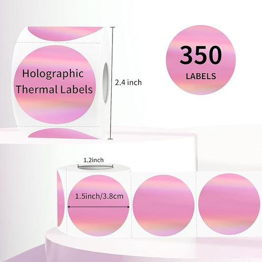 Holographic Thermal Labels Stickers 1.5 inch, Glitter Round Direct Thermal Stickers Label, Perforation Line Design- 350 Sheets/Pink
