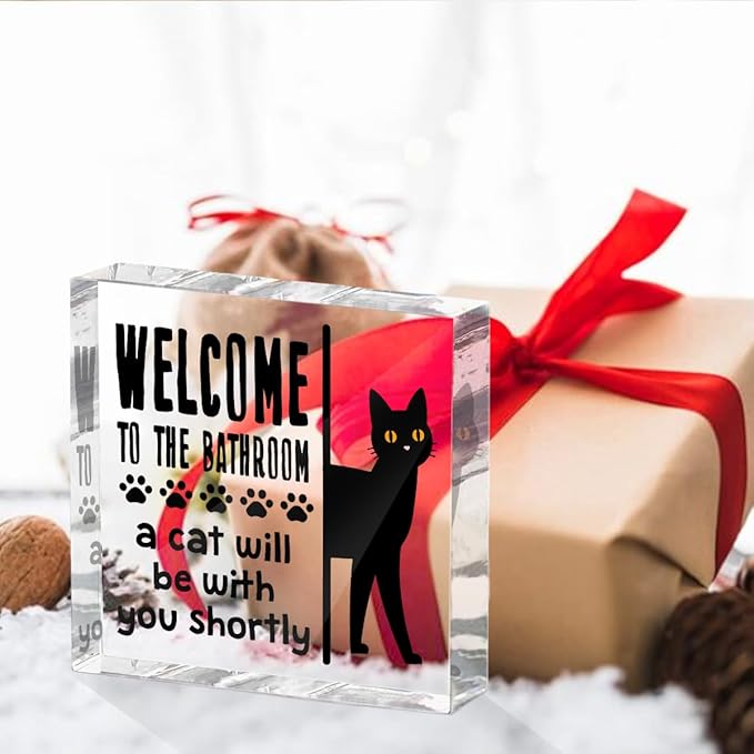 Funny Cat Bathroom Decor Acrylic Decorative Signs 4x4 Inch, Humorous Decorations for Bathroom Home Shelf Toilet, Gag Cat Lover Gifts for Women Men Friends