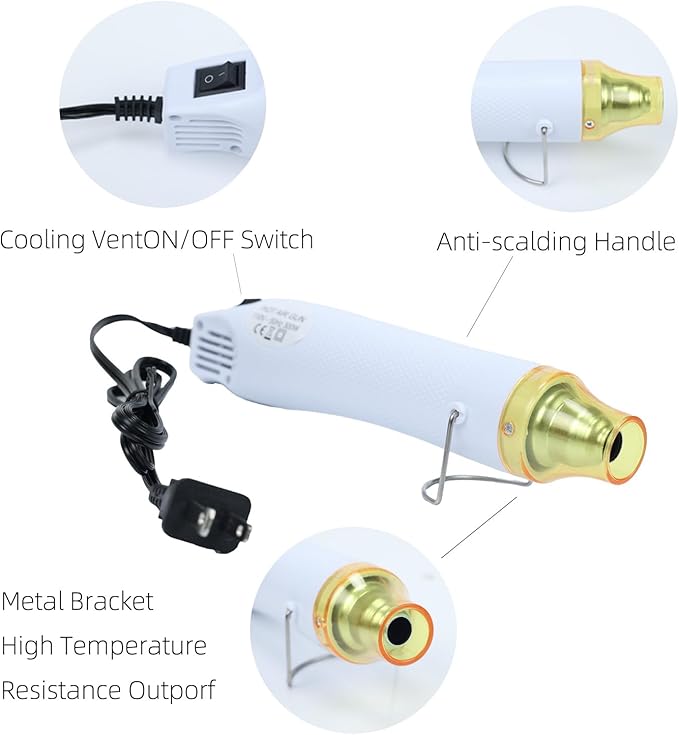Heat Gun for Crafting, 110V 300W Handed Hot Air Gun, 3.28FT Ultra-Long Cable Portable Heat Gun with Stand and Power Cord for Shrinking Wrapping PVC, DIY Embossing and Drying Paint (White)
