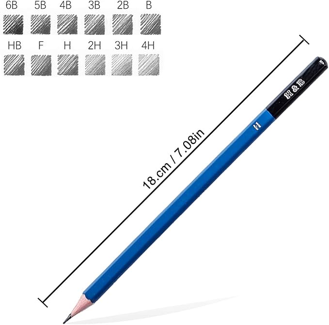 H & B 12 PCS Pencil Drawing Kit, H-4H, F, HB, B-6B Graphite and Charcoal Sketch Pencil Set for Beginners, Professional Artists