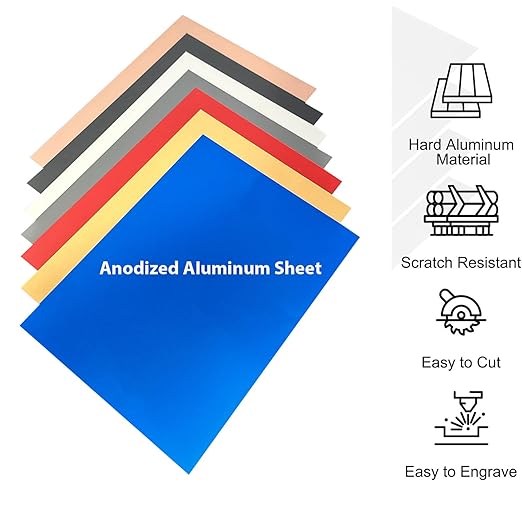 14Pcs Mixed Anodized Aluminum Sheets 5" x 7" x 1/32" (0.8mm), 2 of Each: Black, Golden, Silver, Gray, Red, Blue, Rose-Gold, Corrosion-Resistant for Laser Engraving & DIY Crafting