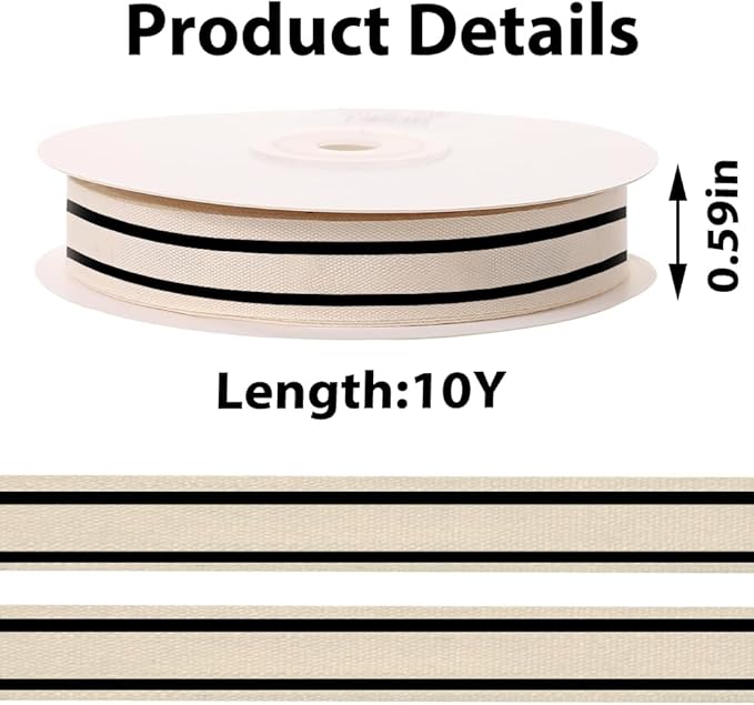 10 Yards × 3/5 Inch Black Natural Cotton Ribbon, Double Sided Webbing Straps Ribbons, Birthday Wedding Valentines Ribbons for Crafting, DIY Sewing, Gift Wrapping