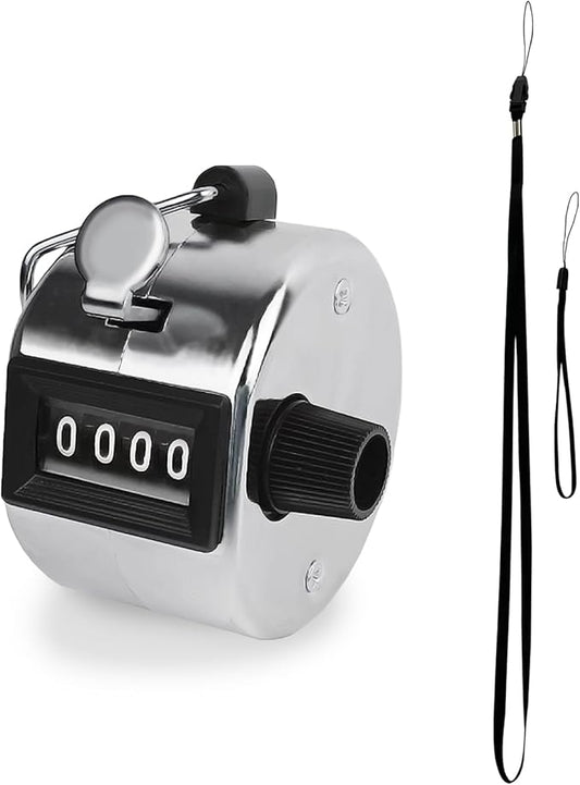 GDMINLO Metal Hand Tally Clicker Counter, 4-Digit Number Count Clicker with Metal Case Mechanical Counter for Coaching, Knitting, Lap, Fishing, Golf and Row with 2-Nylon Lanyard,Silver