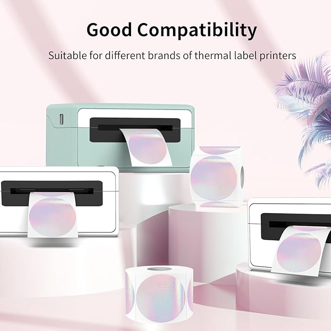 2" Round Transparent Thermal Label Stickers, Clear Direct Thermal Labels Holographic Pink, Perforation Line Design- 300 Sheets