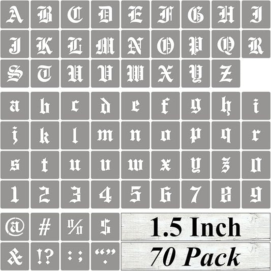 1.5 Inch Alphabet Letter Stencils for Painting - 70 Pack Old English Letter Stencil Templates with Numbers and Signs for Painting on Wood, Reusable Letter Stencils for Chalkboard Wood Signs & Wall Art