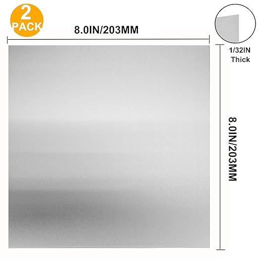 2Pcs 304 Stainless Steel Sheets Metal 8" x 8" x 1/32" Inch 304 Stainless Steel Plates 20 Gauge(0.8MM) Stainless Steel Shim Stock Plates Metal Sheets for Crafting, Stovetop, Snow Frosted Surface