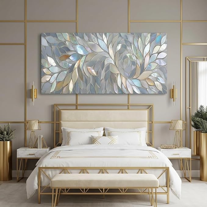 ZESTRILIA Iridescent Mosaic Leaf Canvas Wall Art, Abstract Mother of Pearl Print - Image 5