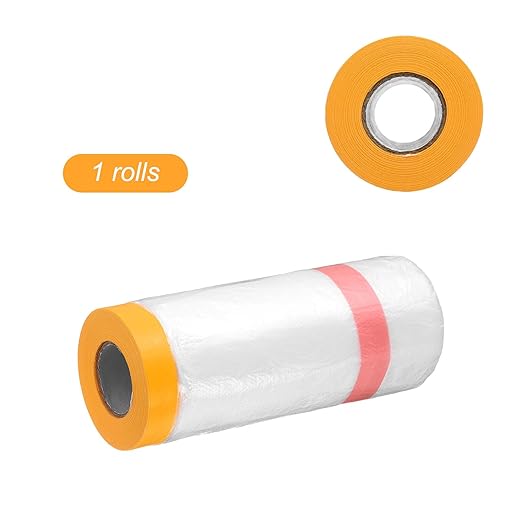 HARFINGTON Pre-Taped Masking Film 43.3" x65.6ft Double Adhesive Tape and Drape Painters Plastic Drop Cloth Film with Tape Plastic Sheeting for Automotive Painting Covering