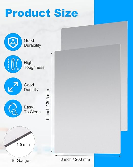 2 Pcs 16 Gauge Sheet Metal, 12" x 8" Cold Rolled Steel Plate Weldable Steel Sheet for Professional, Industrial, DIY Use